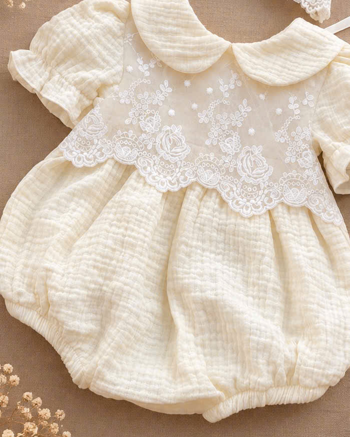 Ivory Rose Muslin Baby Romper Set 0–12 Months | Baby Girl Cotton Muslin Romper with Embroidered Lace Bonnet | Vintage Baby Outfit