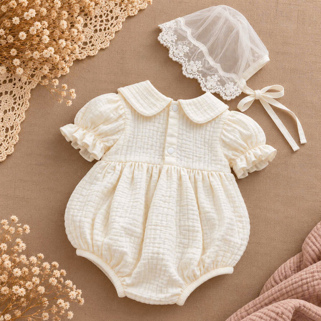 Ivory Rose Muslin Baby Romper Set 0–12 Months | Baby Girl Cotton Muslin Romper with Embroidered Lace Bonnet | Vintage Baby Outfit