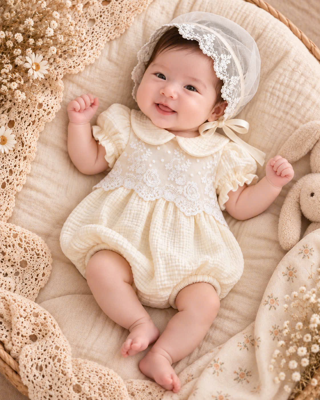 Ivory Rose Muslin Baby Romper Set 0–12 Months | Baby Girl Cotton Muslin Romper with Embroidered Lace Bonnet | Vintage Baby Outfit