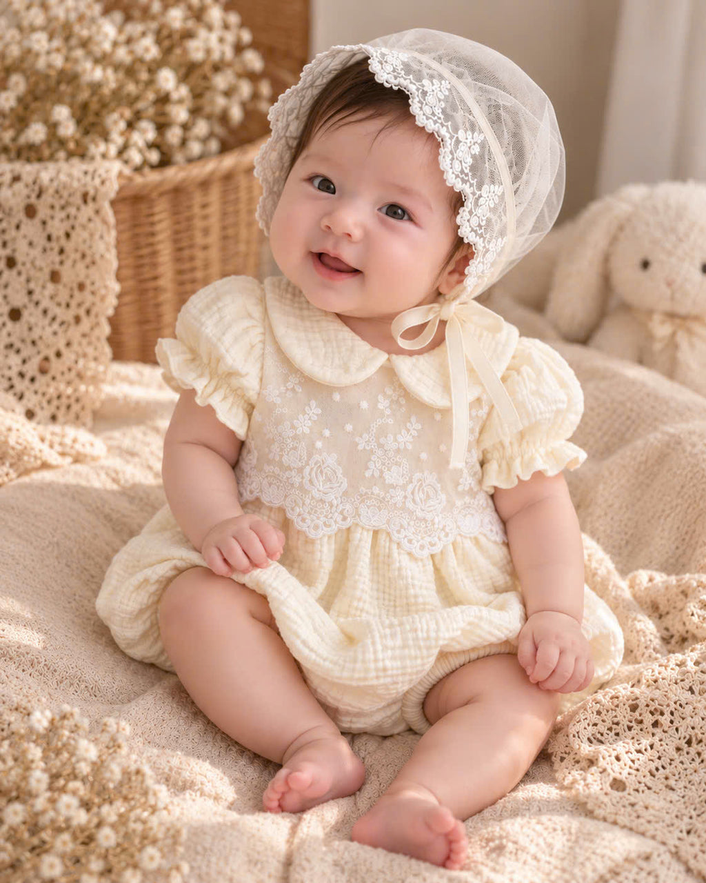 Ivory Rose Muslin Baby Romper Set 0–12 Months | Baby Girl Cotton Muslin Romper with Embroidered Lace Bonnet | Vintage Baby Outfit