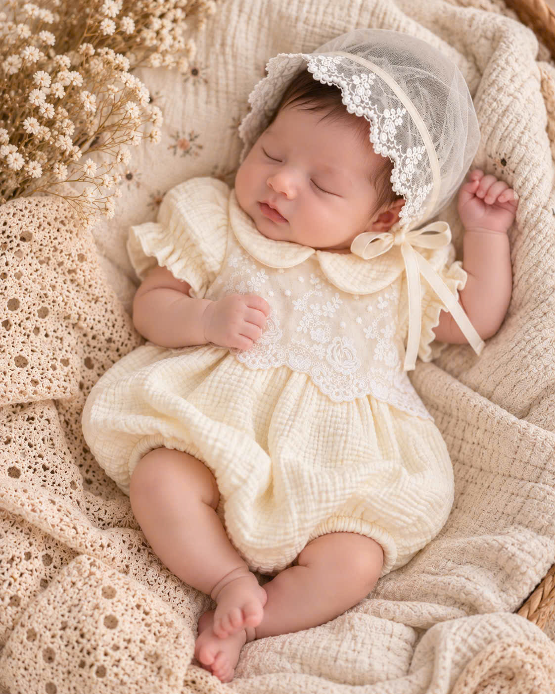 Ivory Rose Muslin Baby Romper Set 0–12 Months | Baby Girl Cotton Muslin Romper with Embroidered Lace Bonnet | Vintage Baby Outfit