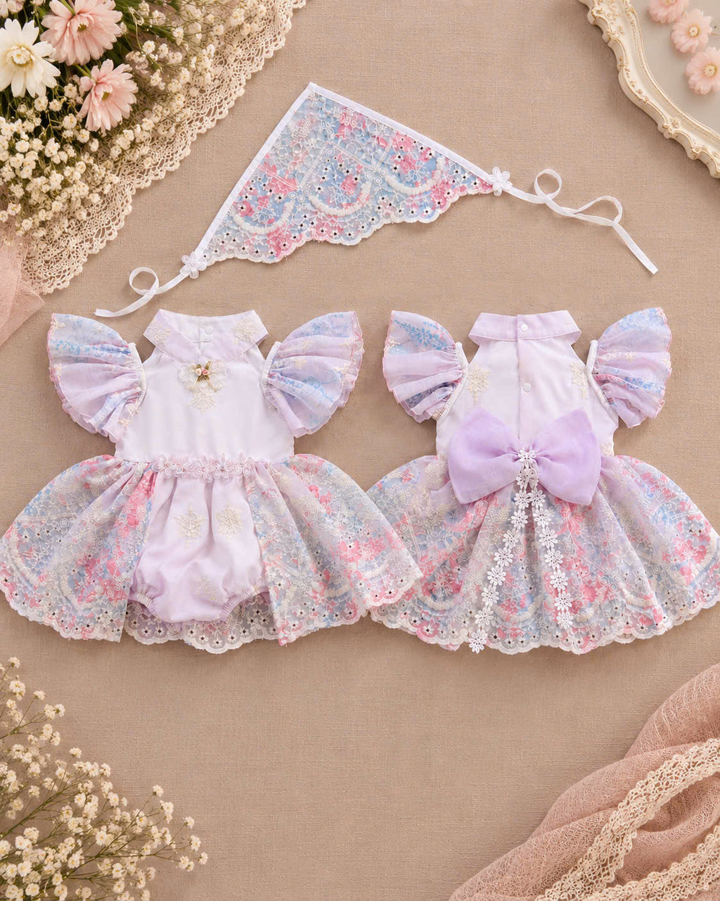 Lilac Blossom Embroidered Baby Romper Dress 0–18 Months | Mandarin Collar Fairy Sleeve Romper with Matching Scarf