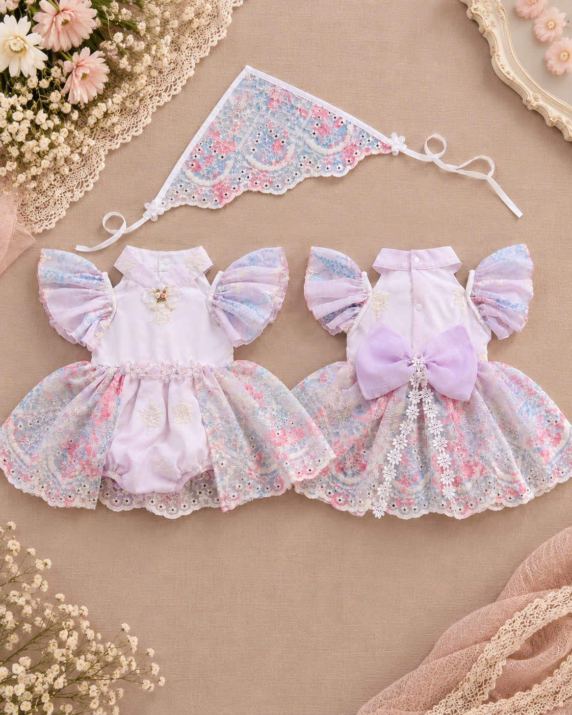 Lilac Blossom Embroidered Baby Romper Dress 0–18 Months | Mandarin Collar Fairy Sleeve Romper with Matching Scarf
