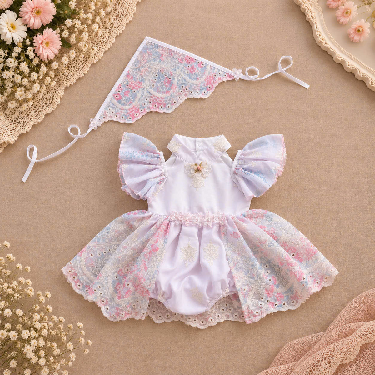 Lilac Blossom Embroidered Baby Romper Dress 0–18 Months | Mandarin Collar Fairy Sleeve Romper with Matching Scarf
