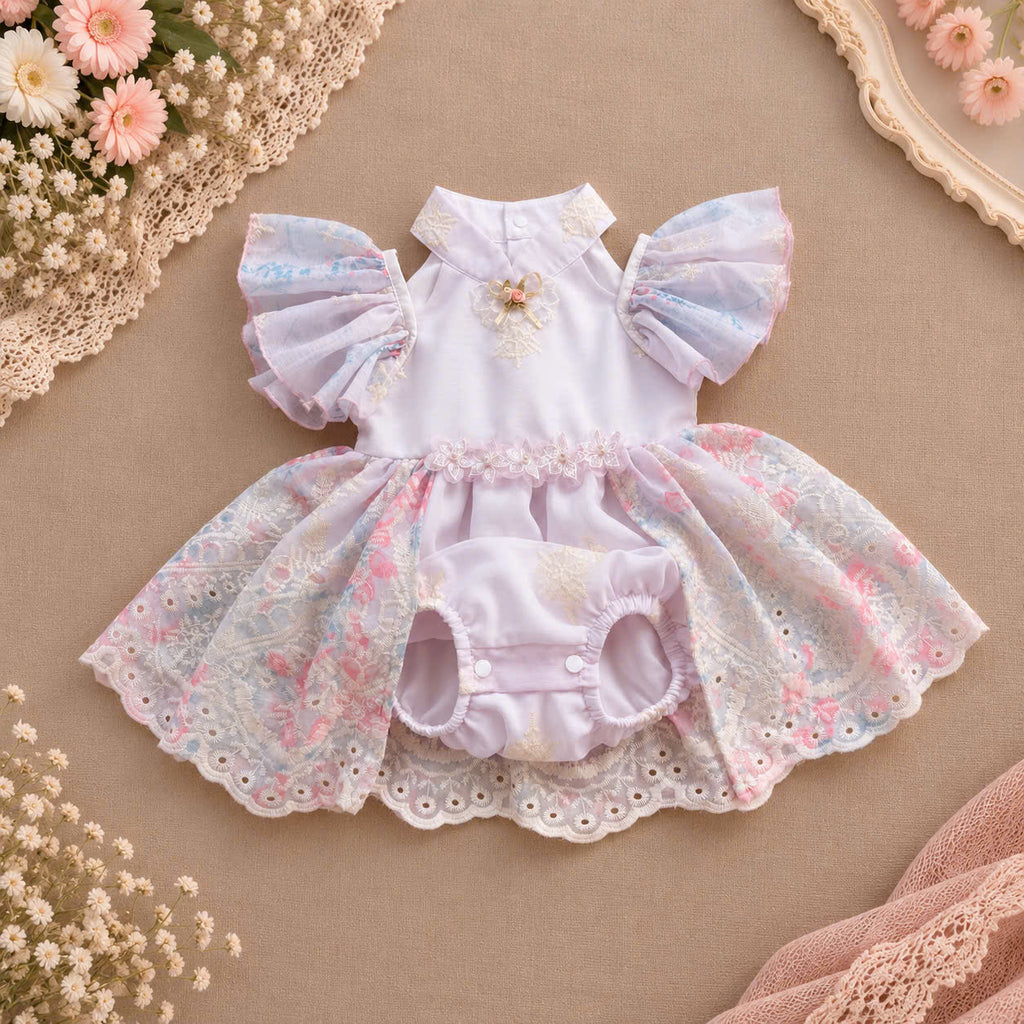 Lilac Blossom Embroidered Baby Romper Dress 0–18 Months | Mandarin Collar Fairy Sleeve Romper with Matching Scarf