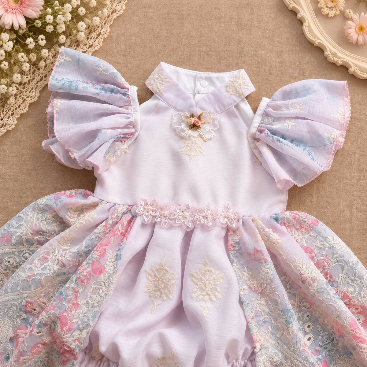 Lilac Blossom Embroidered Baby Romper Dress 0–18 Months | Mandarin Collar Fairy Sleeve Romper with Matching Scarf