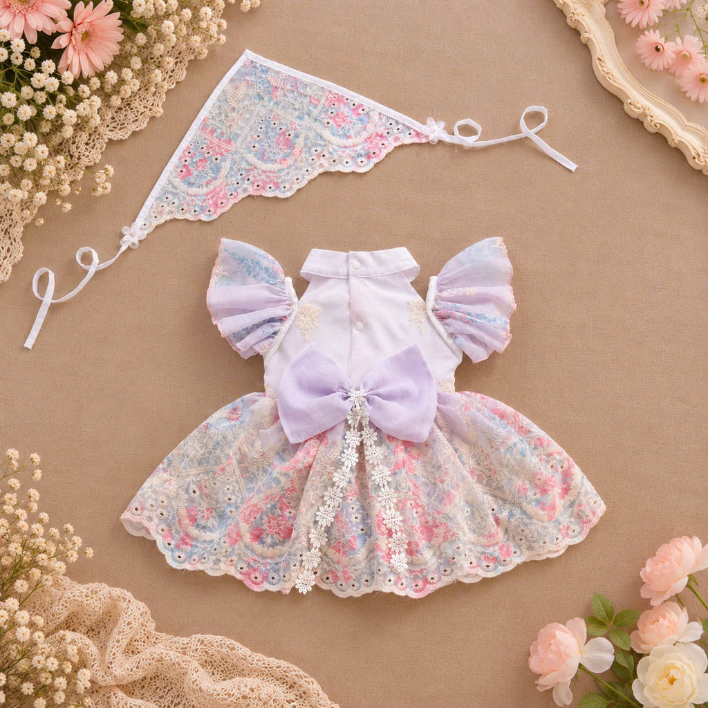 Lilac Blossom Embroidered Baby Romper Dress 0–18 Months | Mandarin Collar Fairy Sleeve Romper with Matching Scarf