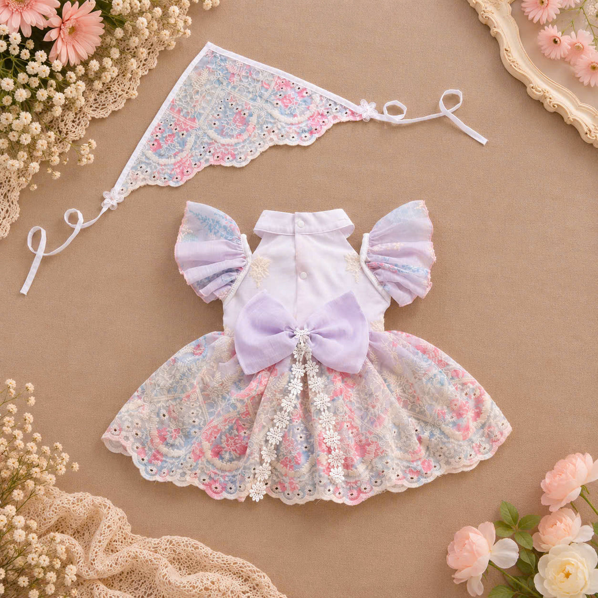 Lilac Blossom Embroidered Baby Romper Dress 0–18 Months | Mandarin Collar Fairy Sleeve Romper with Matching Scarf