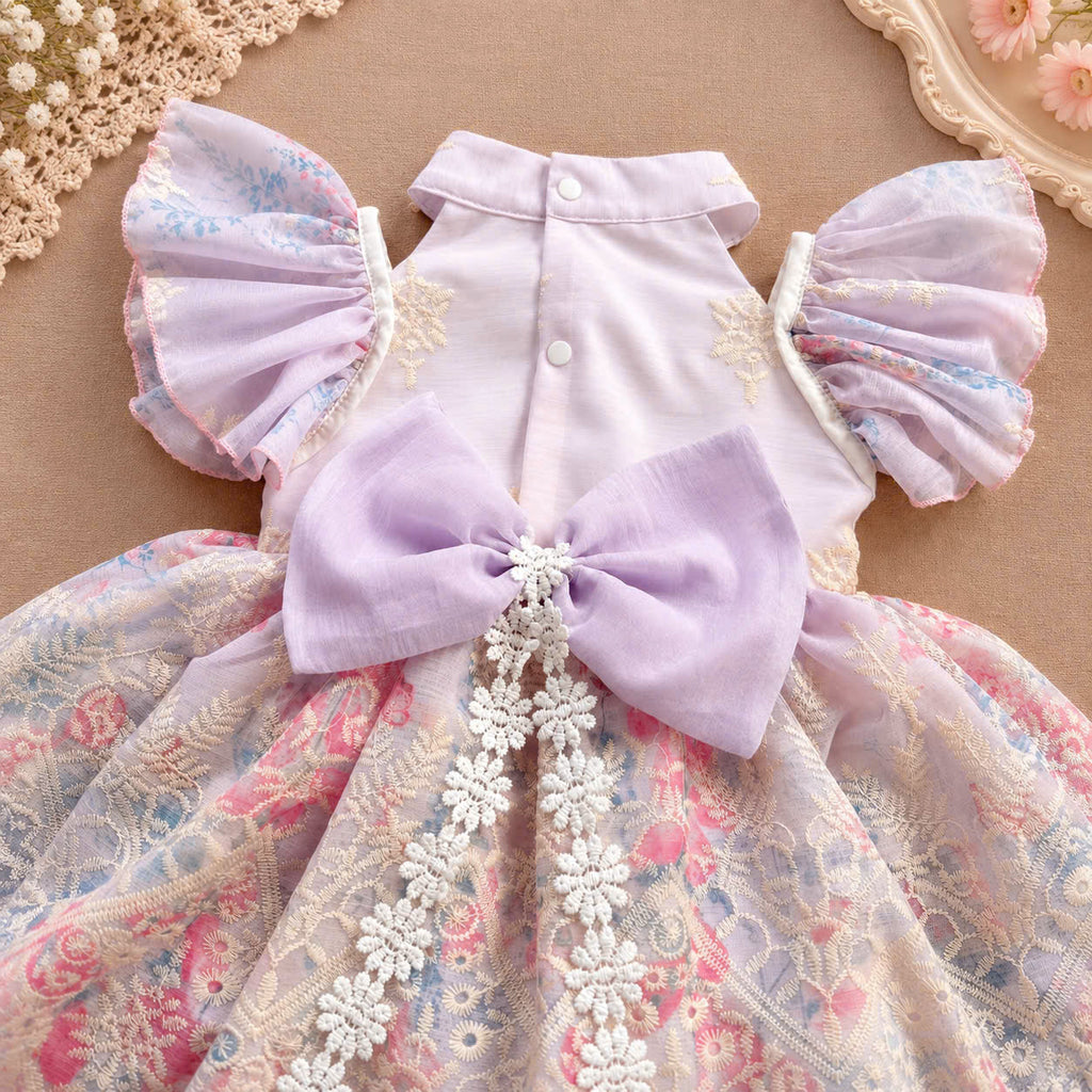 Lilac Blossom Embroidered Baby Romper Dress 0–18 Months | Mandarin Collar Fairy Sleeve Romper with Matching Scarf
