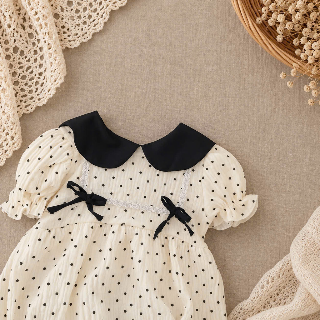 Black Polka Dot Muslin Baby Romper Set 0–12 Months | Baby Girl Cream Cotton Muslin Romper with Bow Headband | Vintage Baby Outfit