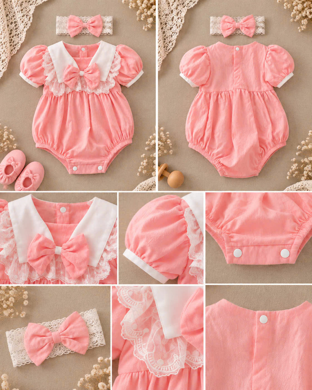 Pink Lace Bow Baby Romper 3-Piece Set 0–12 Months | Cotton Baby Girl Romper with Bow Headband & Soft Foot Covers