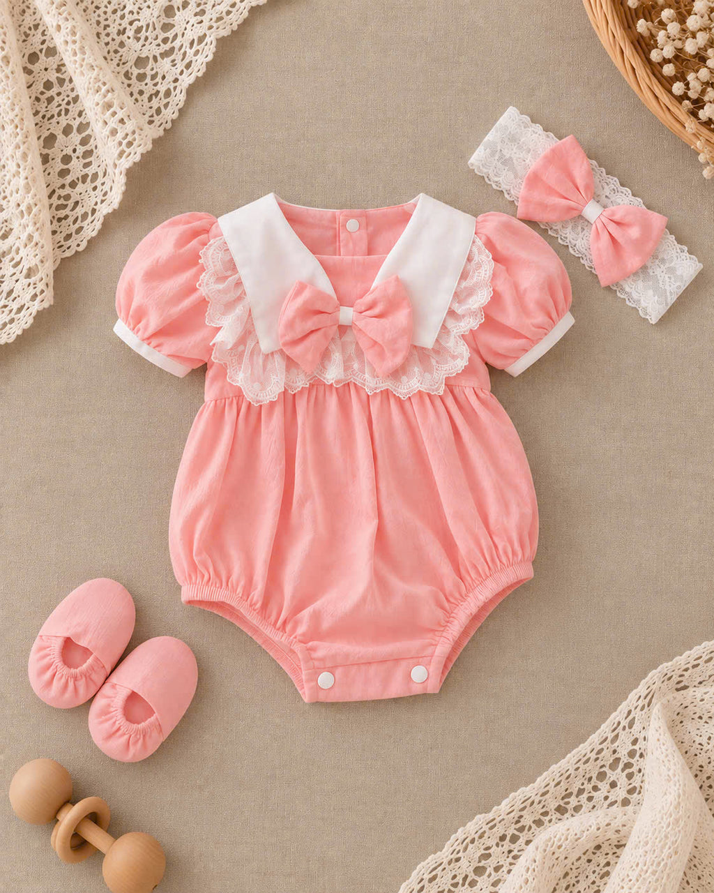 Pink Lace Bow Baby Romper 3-Piece Set 0–12 Months | Cotton Baby Girl Romper with Bow Headband & Soft Foot Covers
