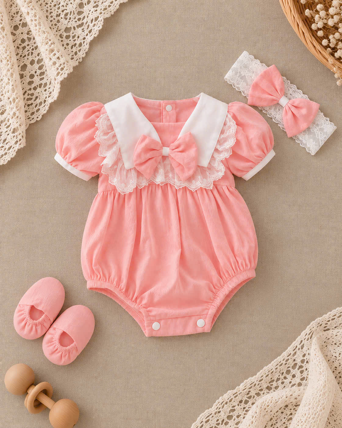 Pink Lace Bow Baby Romper 3-Piece Set 0–12 Months | Cotton Baby Girl Romper with Bow Headband & Soft Foot Covers