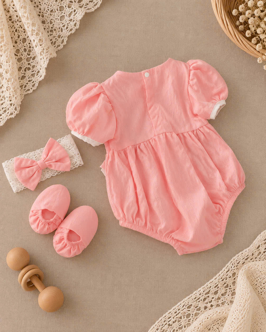 Pink Lace Bow Baby Romper 3-Piece Set 0–12 Months | Cotton Baby Girl Romper with Bow Headband & Soft Foot Covers