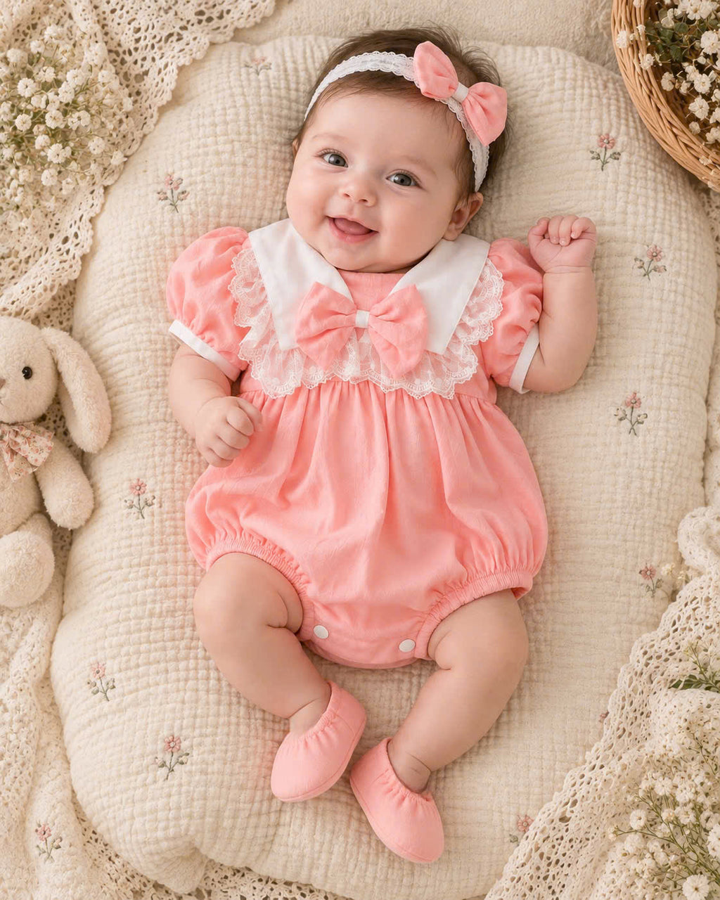 Pink Lace Bow Baby Romper 3-Piece Set 0–12 Months | Cotton Baby Girl Romper with Bow Headband & Soft Foot Covers