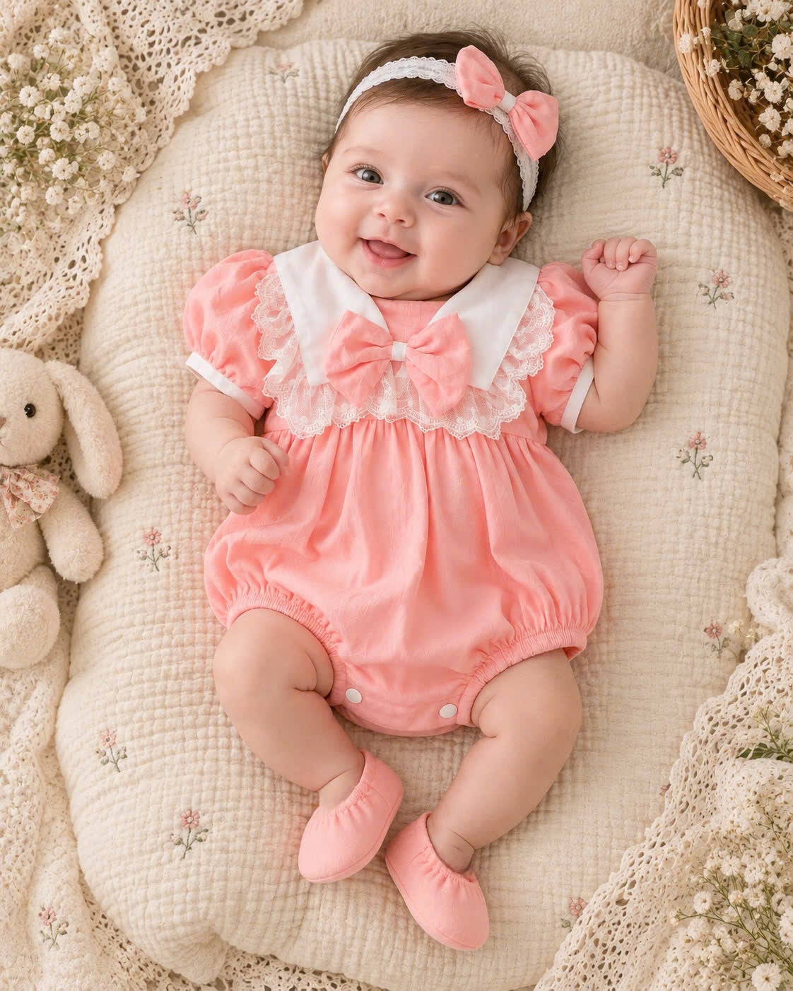 Pink Lace Bow Baby Romper 3-Piece Set 0–12 Months | Cotton Baby Girl Romper with Bow Headband & Soft Foot Covers