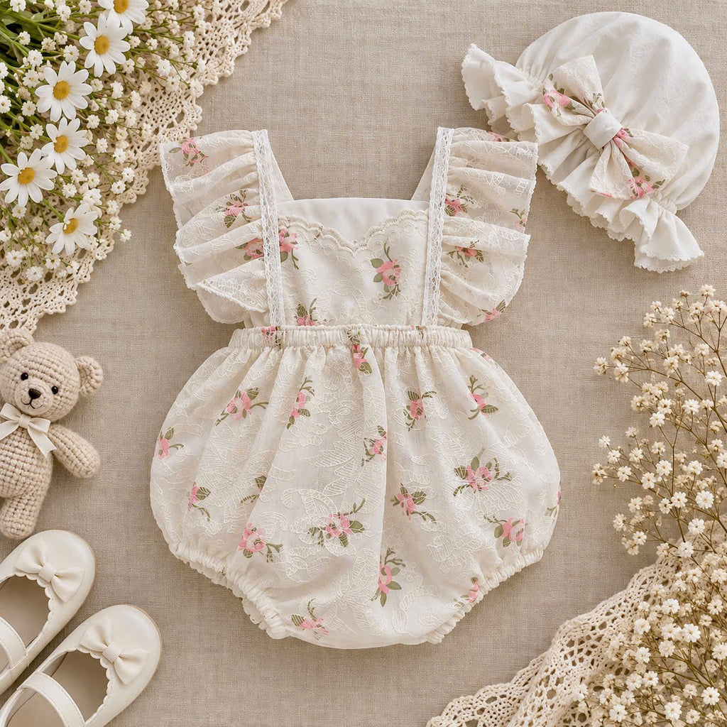 Ivory Vintage Floral Baby Romper Set 3–18 Months | Rose Lace Romper with Matching Bonnet