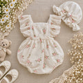 Ivory Vintage Floral Baby Romper Set 3–18 Months | Rose Lace Romper with Matching Bonnet