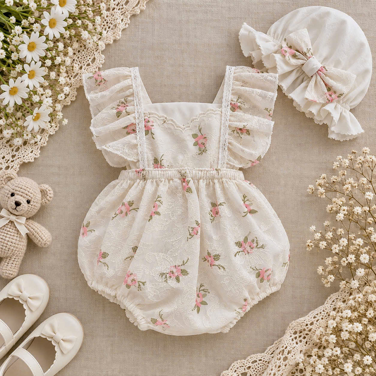 Ivory Vintage Floral Baby Romper Set 3–18 Months | Rose Lace Romper with Matching Bonnet