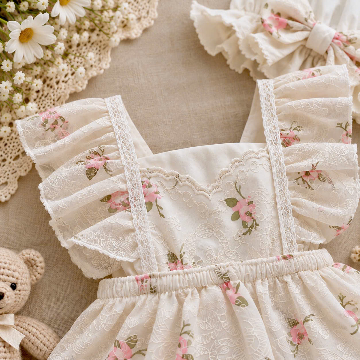 Ivory Vintage Floral Baby Romper Set 3–18 Months | Rose Lace Romper with Matching Bonnet