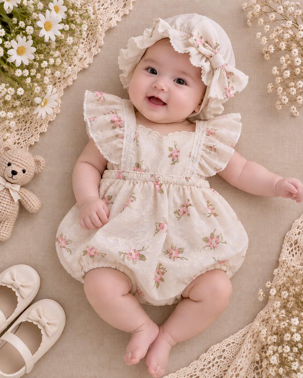 Ivory Vintage Floral Baby Romper Set 3–18 Months | Rose Lace Romper with Matching Bonnet