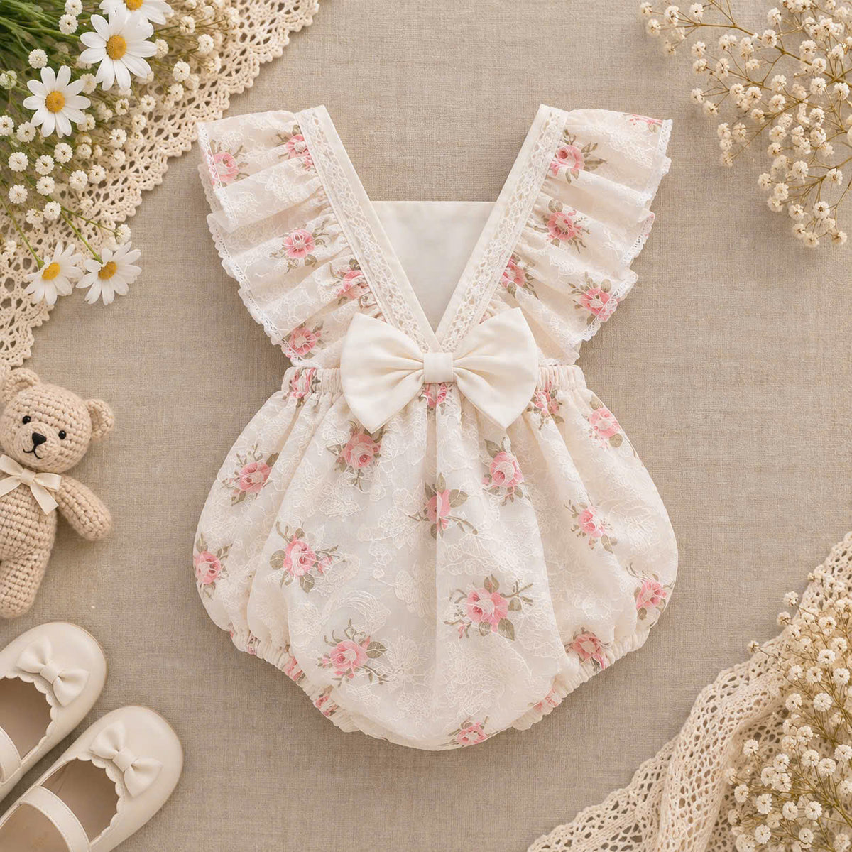 Ivory Vintage Floral Baby Romper Set 3–18 Months | Rose Lace Romper with Matching Bonnet