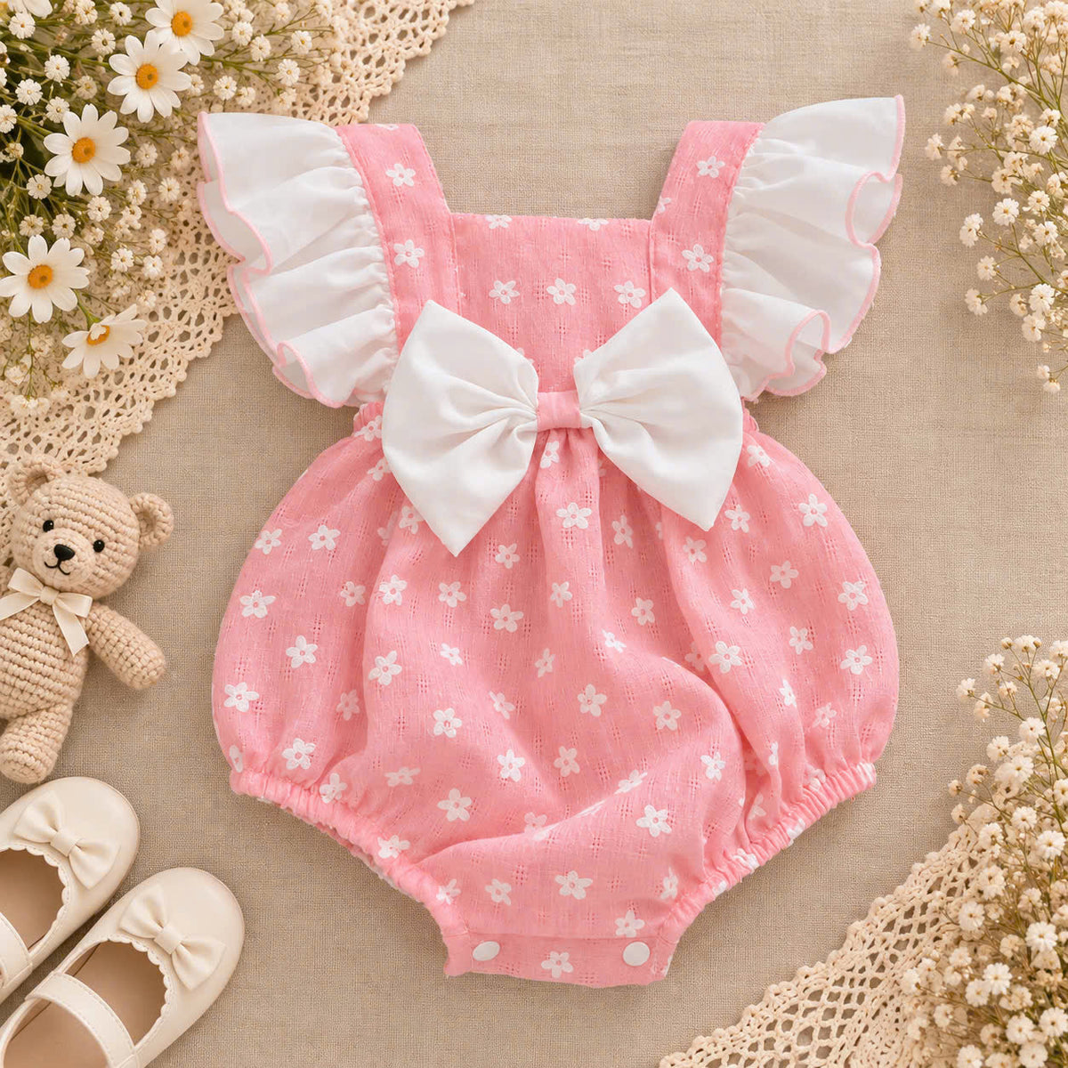 Pink Daisy Baby Romper 0–6 Months | Flutter Sleeve Bubble Romper with Oversized Bow