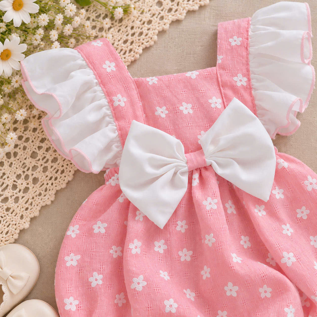 Pink Daisy Baby Romper 0–6 Months | Flutter Sleeve Bubble Romper with Oversized Bow