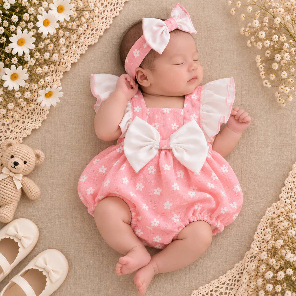 Pink Daisy Baby Romper 0–6 Months | Flutter Sleeve Bubble Romper with Oversized Bow