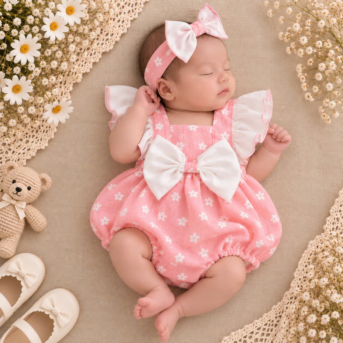 Pink Daisy Baby Romper 0–6 Months | Flutter Sleeve Bubble Romper with Oversized Bow