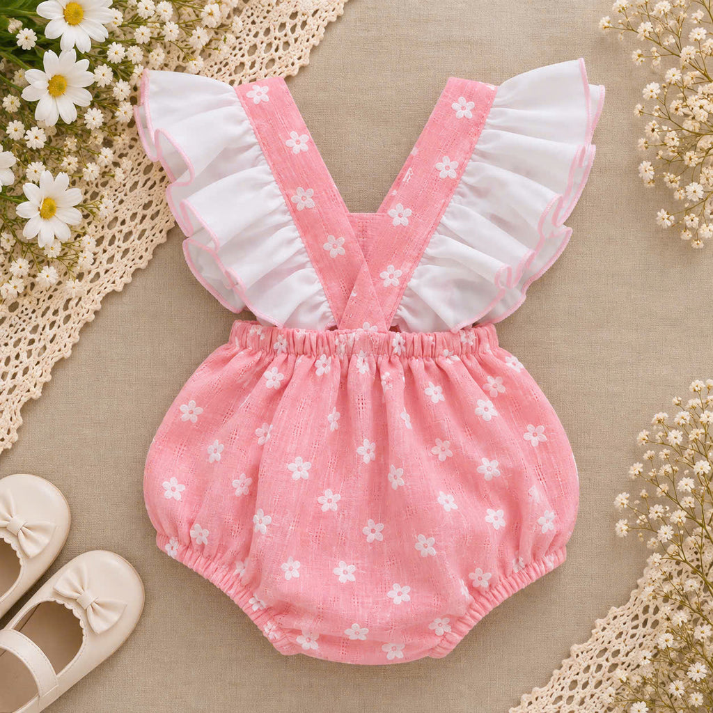 Pink Daisy Baby Romper 0–6 Months | Flutter Sleeve Bubble Romper with Oversized Bow