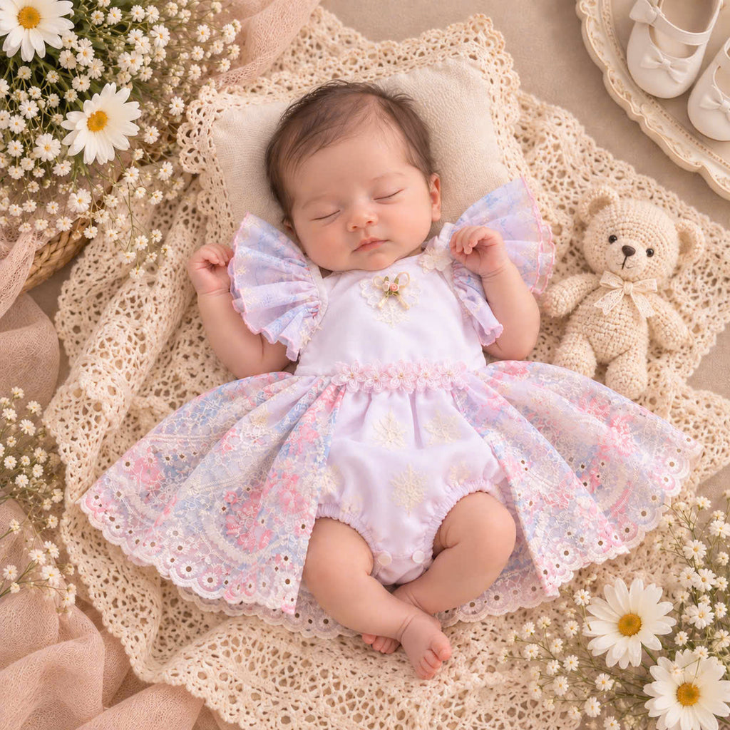 Lilac Blossom Embroidered Baby Romper Dress 0–18 Months | Mandarin Collar Fairy Sleeve Romper with Matching Scarf