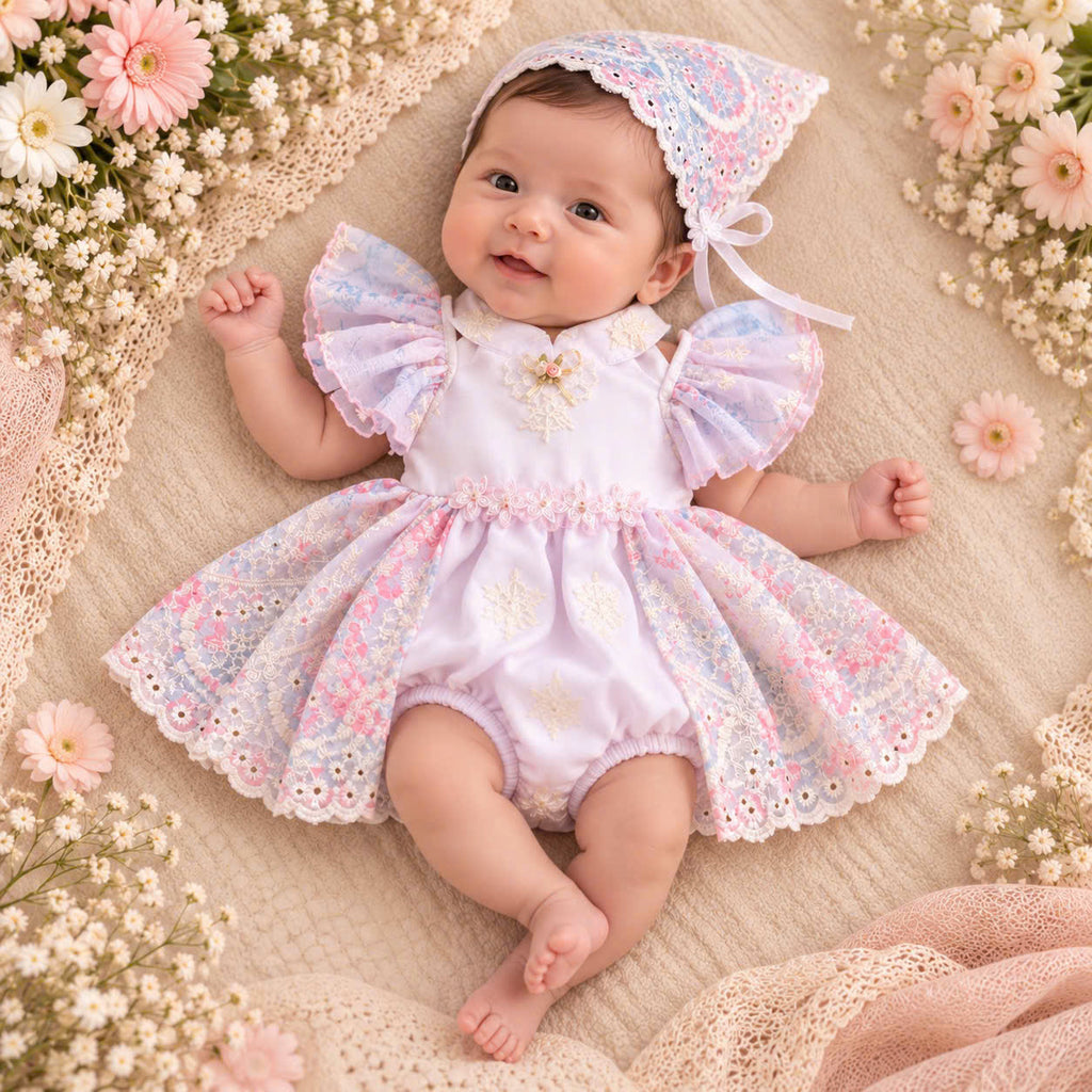 Lilac Blossom Embroidered Baby Romper Dress 0–18 Months | Mandarin Collar Fairy Sleeve Romper with Matching Scarf