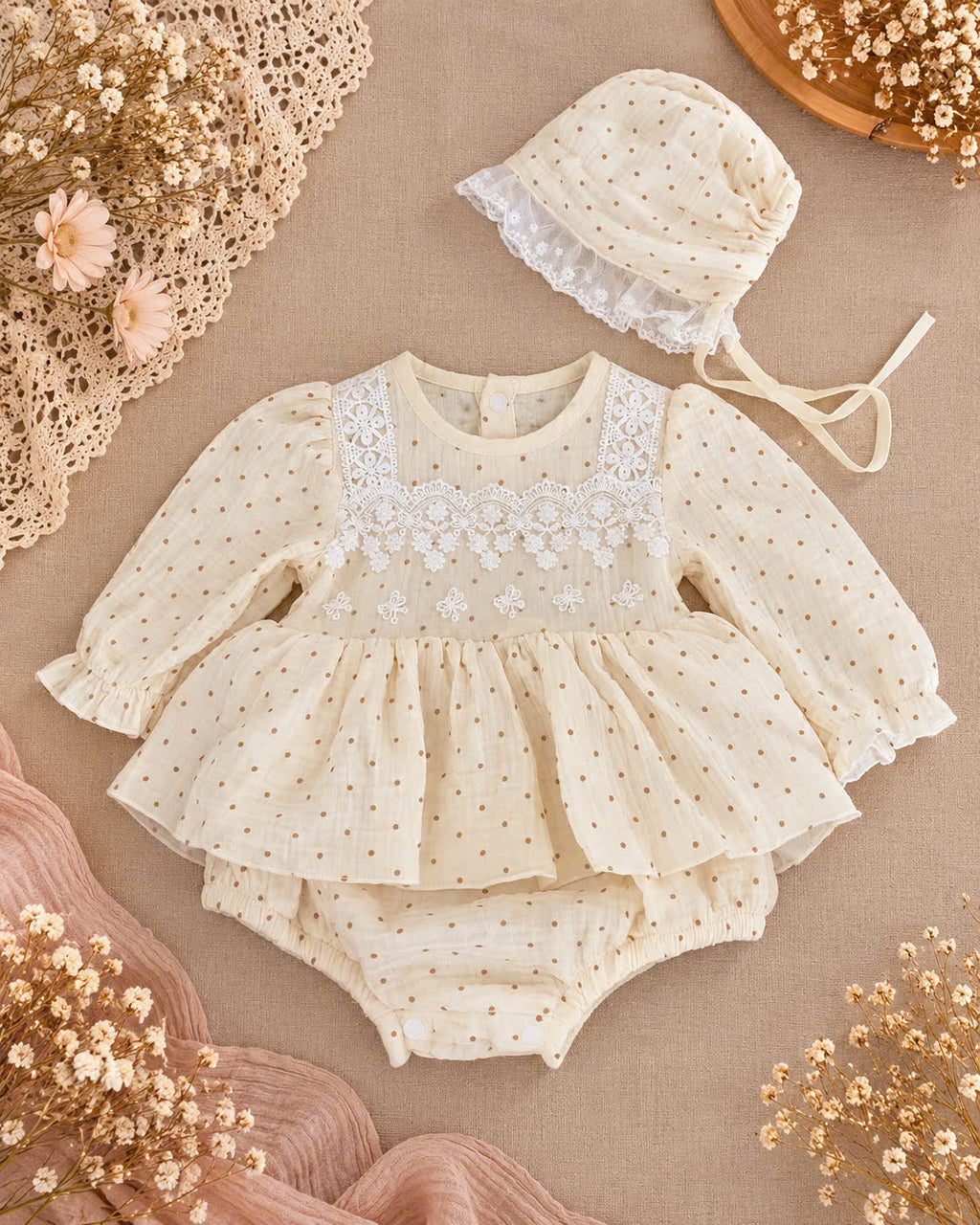 Dotka Cream Heirloom Romper Dress 0–12 Months | Muslin Baby Girl Romper with Bonnet