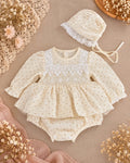 Dotka Cream Heirloom Romper Dress 0–12 Months | Muslin Baby Girl Romper with Bonnet