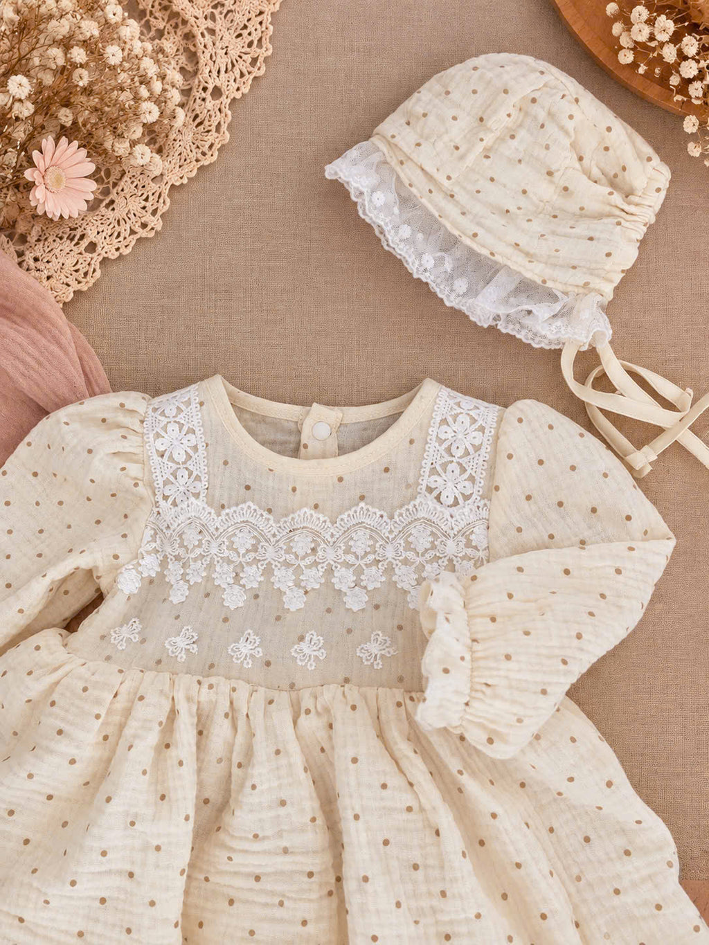 Dotka Cream Heirloom Romper Dress 0–12 Months | Muslin Baby Girl Romper with Bonnet