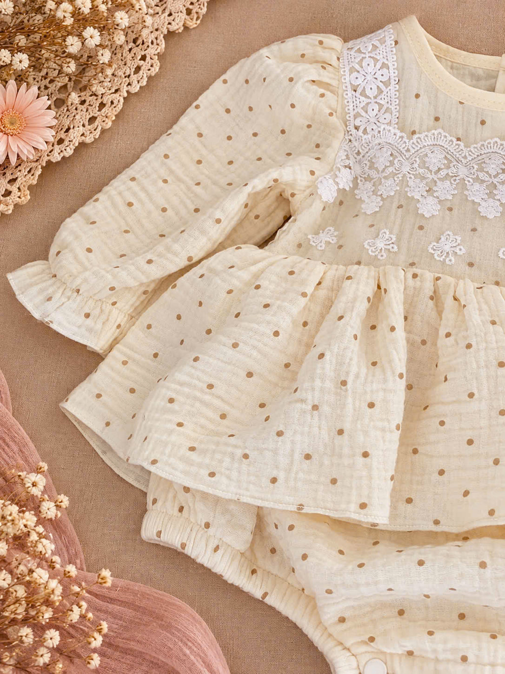 Dotka Cream Heirloom Romper Dress 0–12 Months | Muslin Baby Girl Romper with Bonnet
