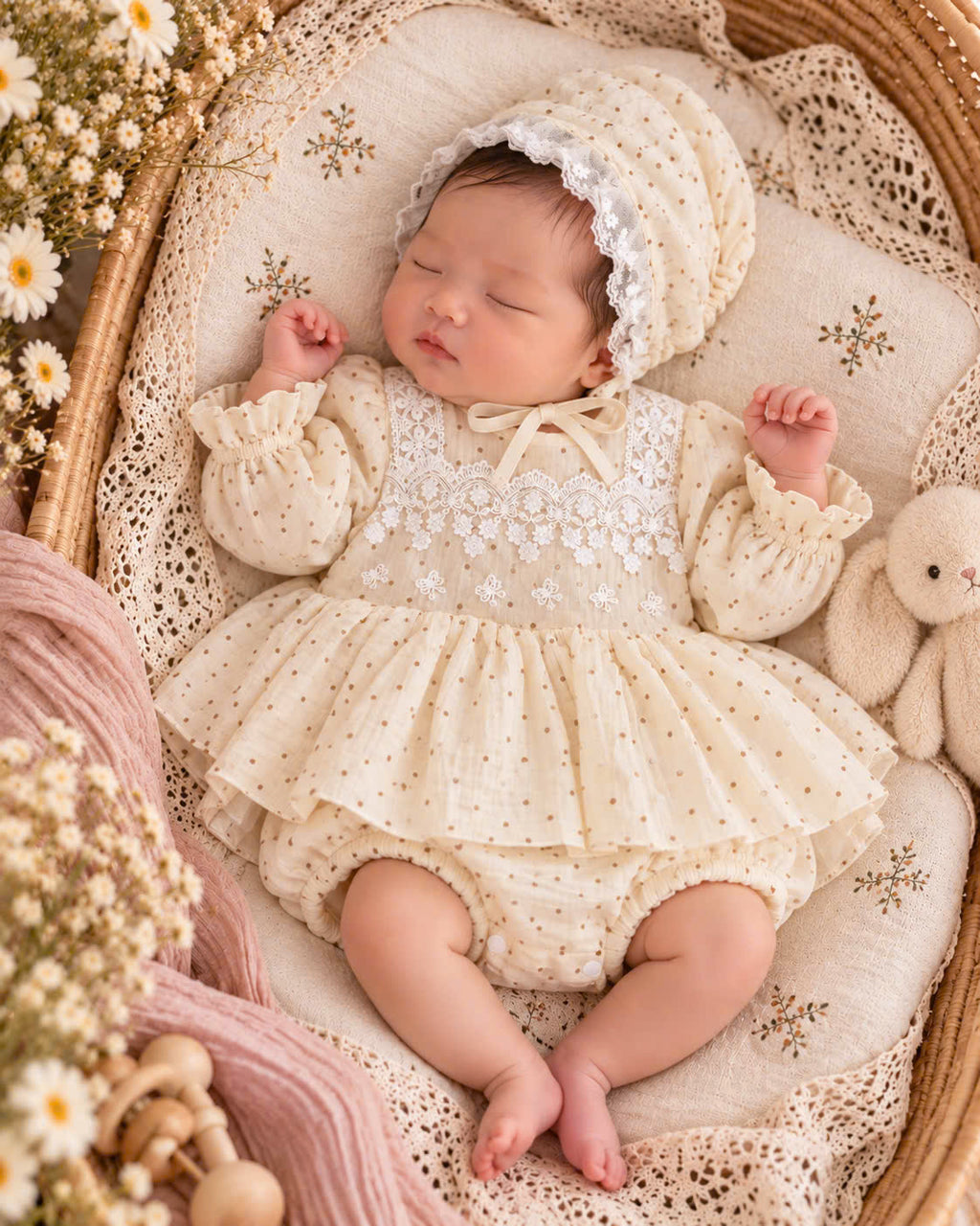 Dotka Cream Heirloom Romper Dress 0–12 Months | Muslin Baby Girl Romper with Bonnet