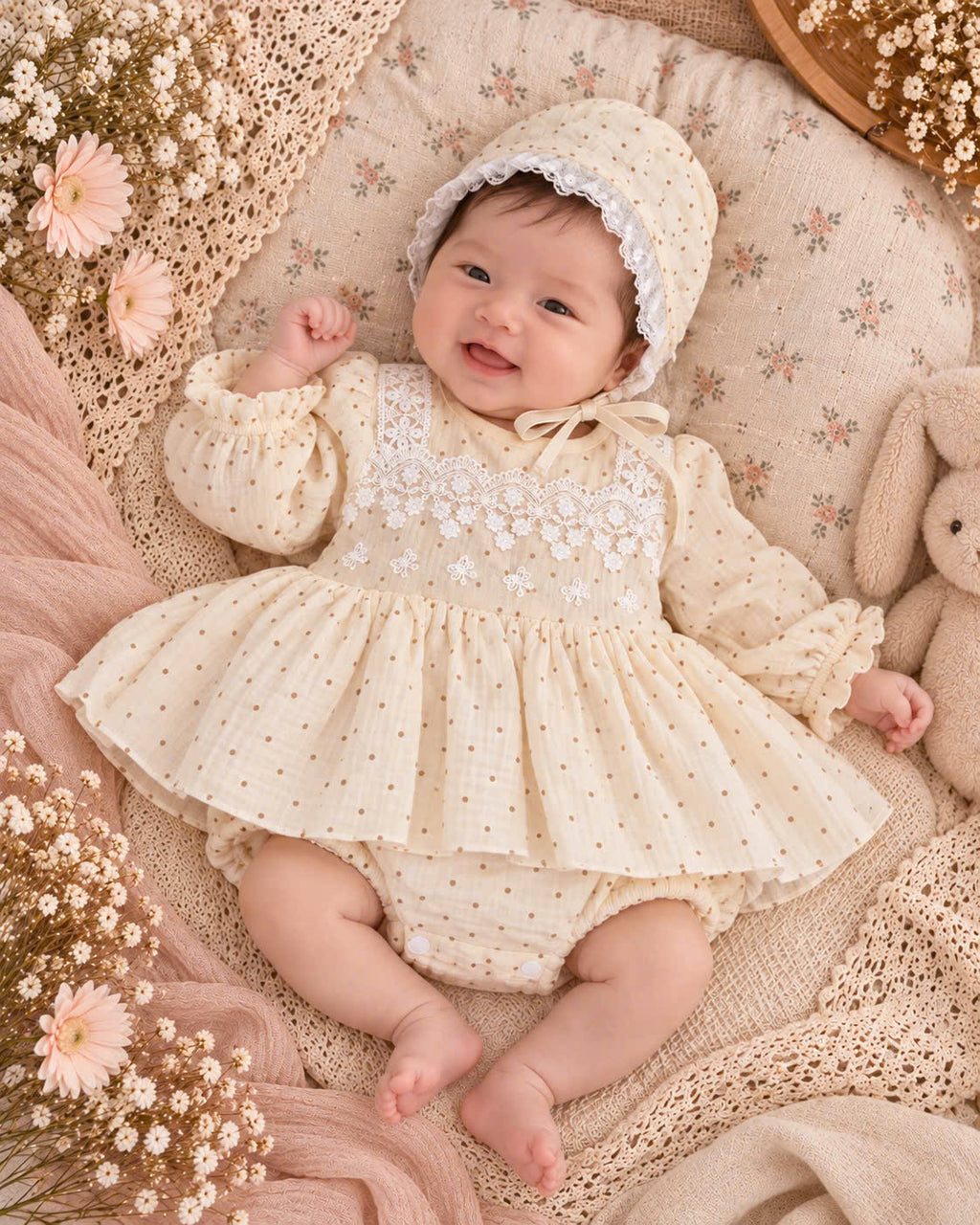Dotka Cream Heirloom Romper Dress 0–12 Months | Muslin Baby Girl Romper with Bonnet