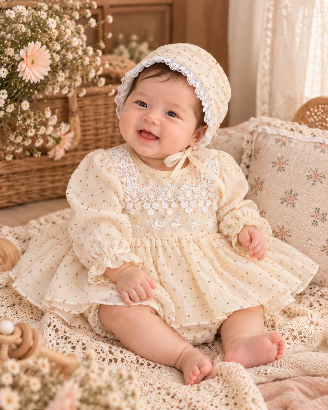 Dotka Cream Heirloom Romper Dress 0–12 Months | Muslin Baby Girl Romper with Bonnet