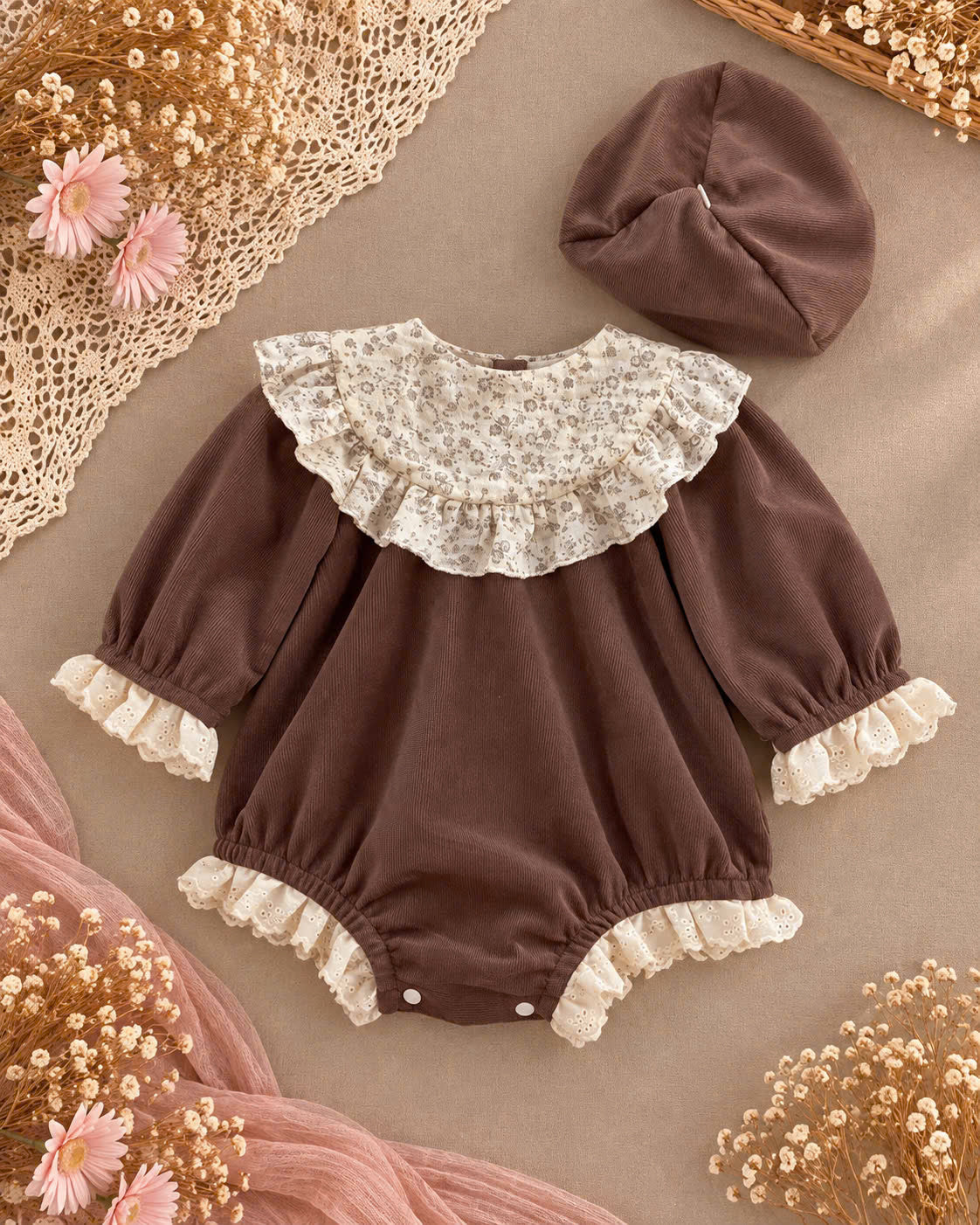 Brown Velvet Baby Girl Romper Set Newborn–12 Months | Vintage Ruffle Romper with Matching Bonnet