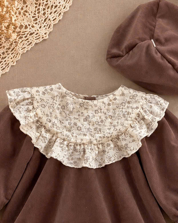 Brown Velvet Baby Girl Romper Set Newborn–12 Months | Vintage Ruffle Romper with Matching Bonnet