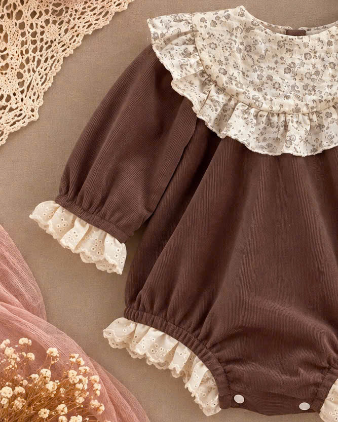 Brown Velvet Baby Girl Romper Set Newborn–12 Months | Vintage Ruffle Romper with Matching Bonnet