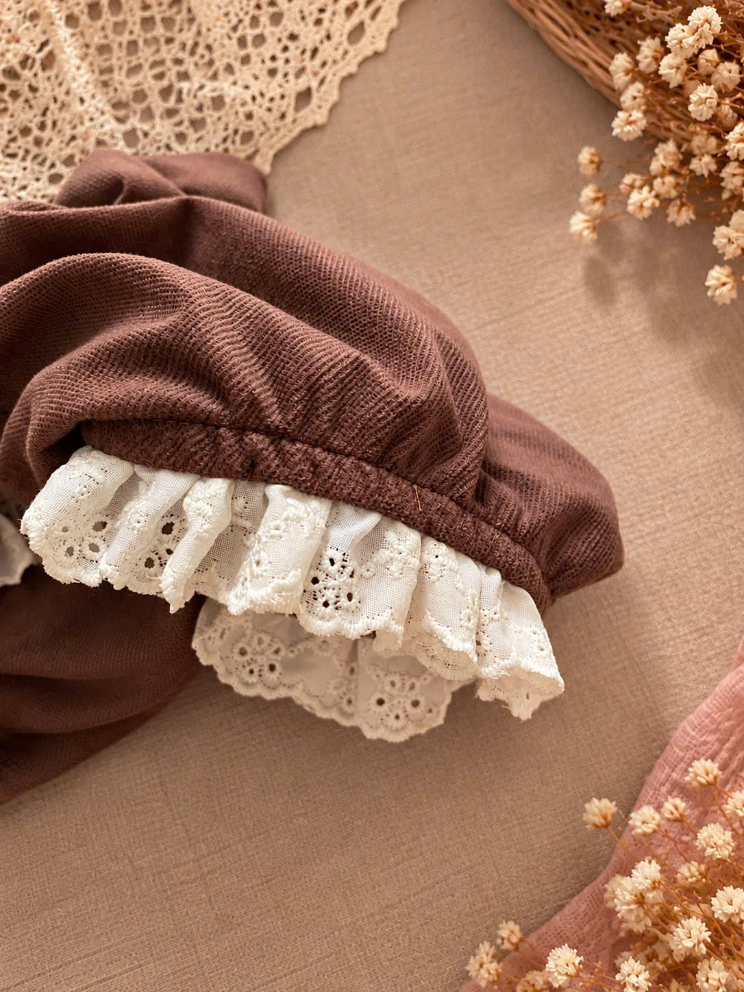 Brown Velvet Baby Girl Romper Set Newborn–12 Months | Vintage Ruffle Romper with Matching Bonnet