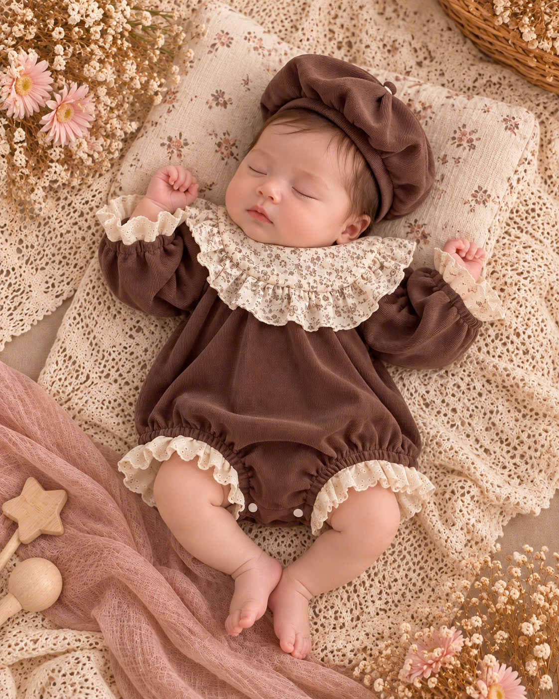Brown Velvet Baby Girl Romper Set Newborn–12 Months | Vintage Ruffle Romper with Matching Bonnet