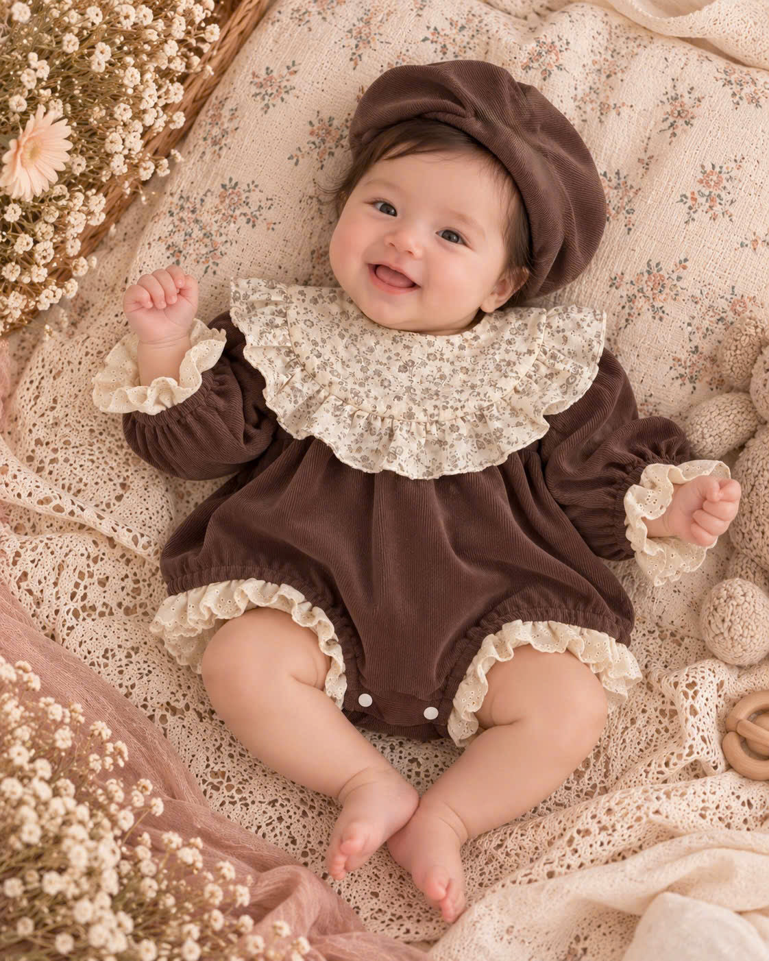 Brown Velvet Baby Girl Romper Set Newborn–12 Months | Vintage Ruffle Romper with Matching Bonnet