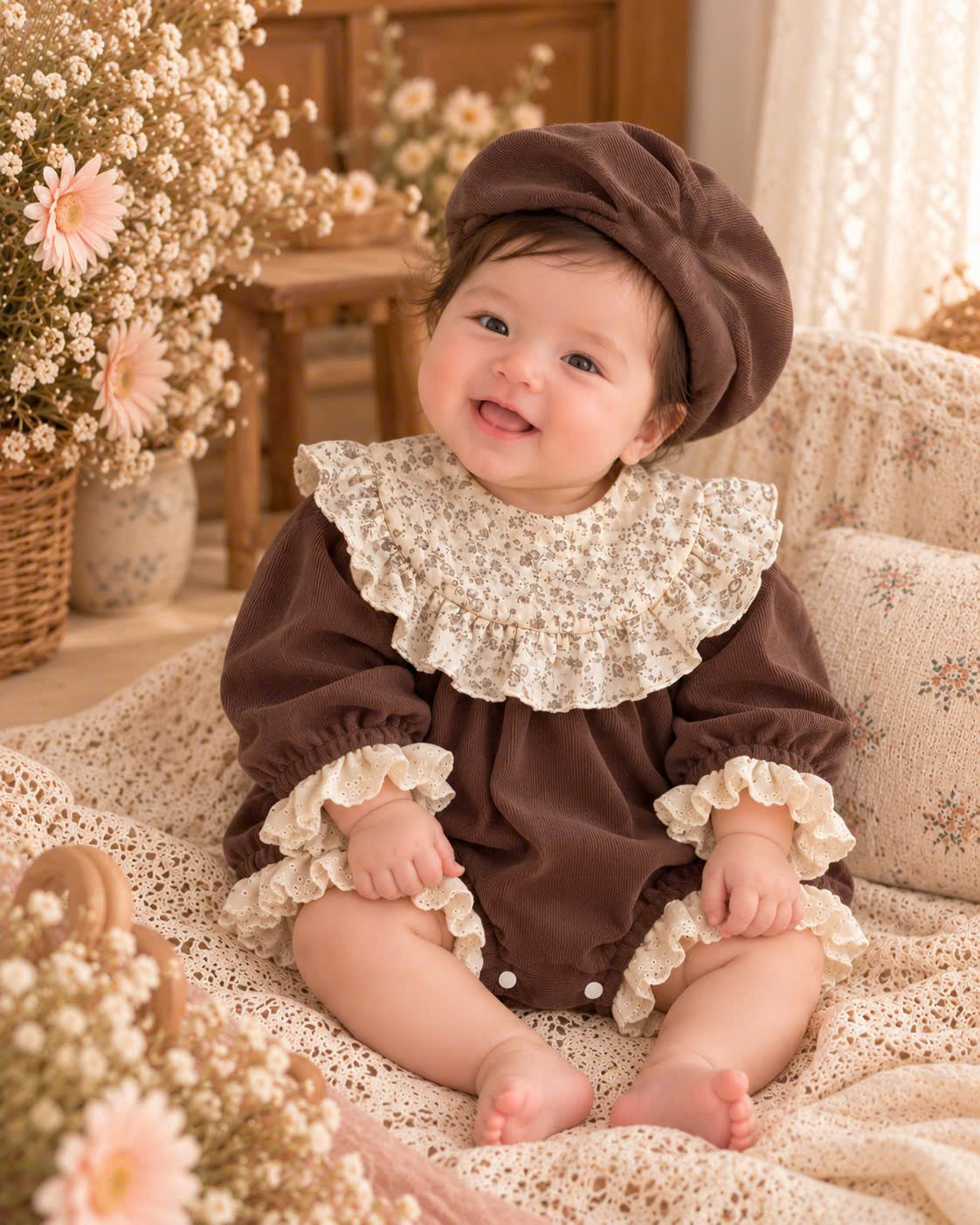 Brown Velvet Baby Girl Romper Set Newborn–12 Months | Vintage Ruffle Romper with Matching Bonnet