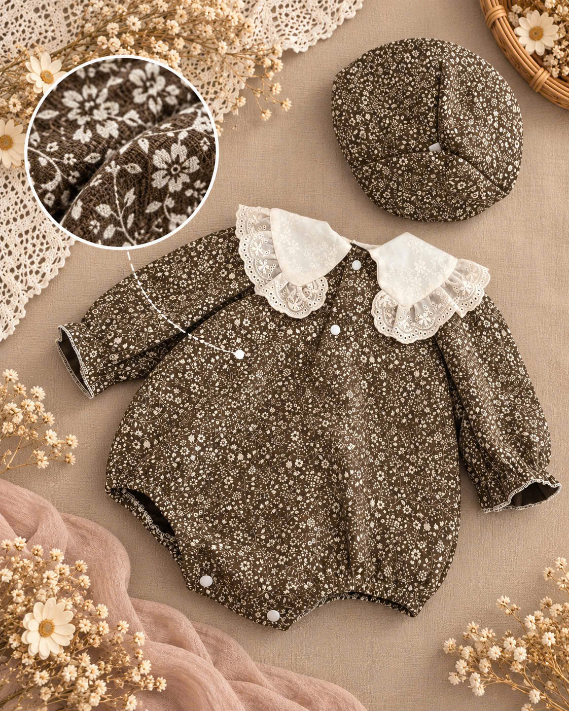 Brown Vintage Floral Linen Gauze Baby Romper Set Newborn–12 Months | Lace Collar Romper with Matching Bonnet