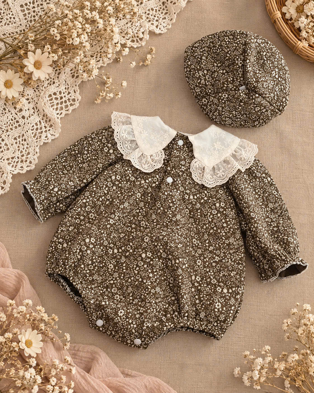 Brown Vintage Floral Linen Gauze Baby Romper Set Newborn–12 Months | Lace Collar Romper with Matching Bonnet