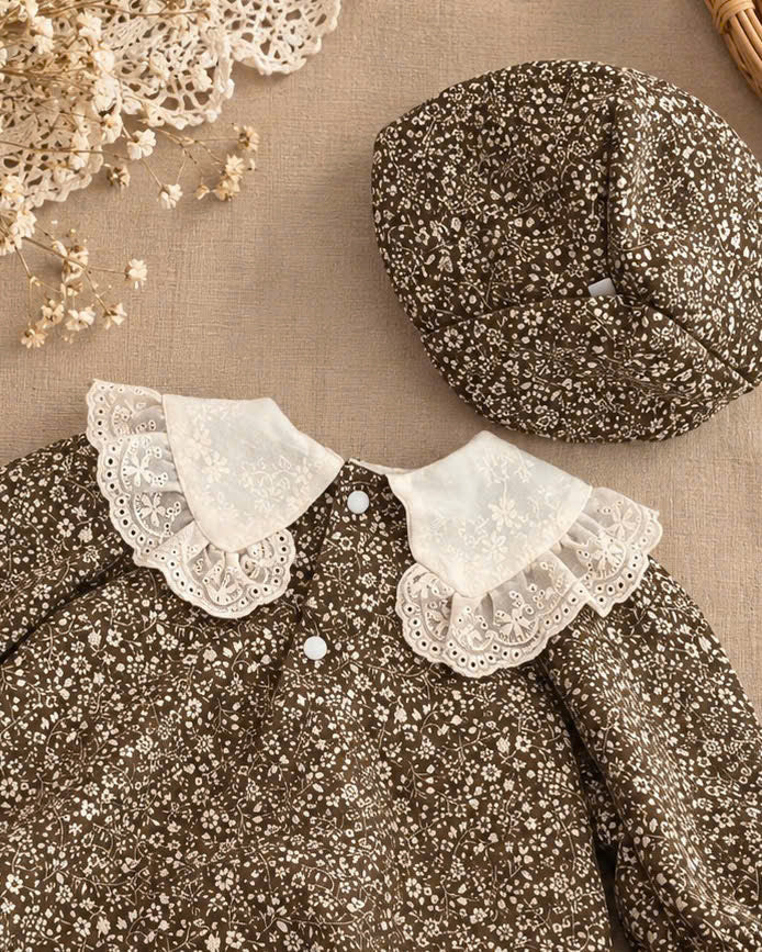 Brown Vintage Floral Linen Gauze Baby Romper Set Newborn–12 Months | Lace Collar Romper with Matching Bonnet